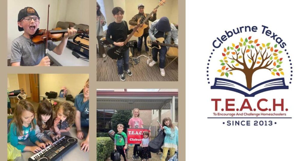 Collage of homeschool music class students and TEACH Cleburne logo